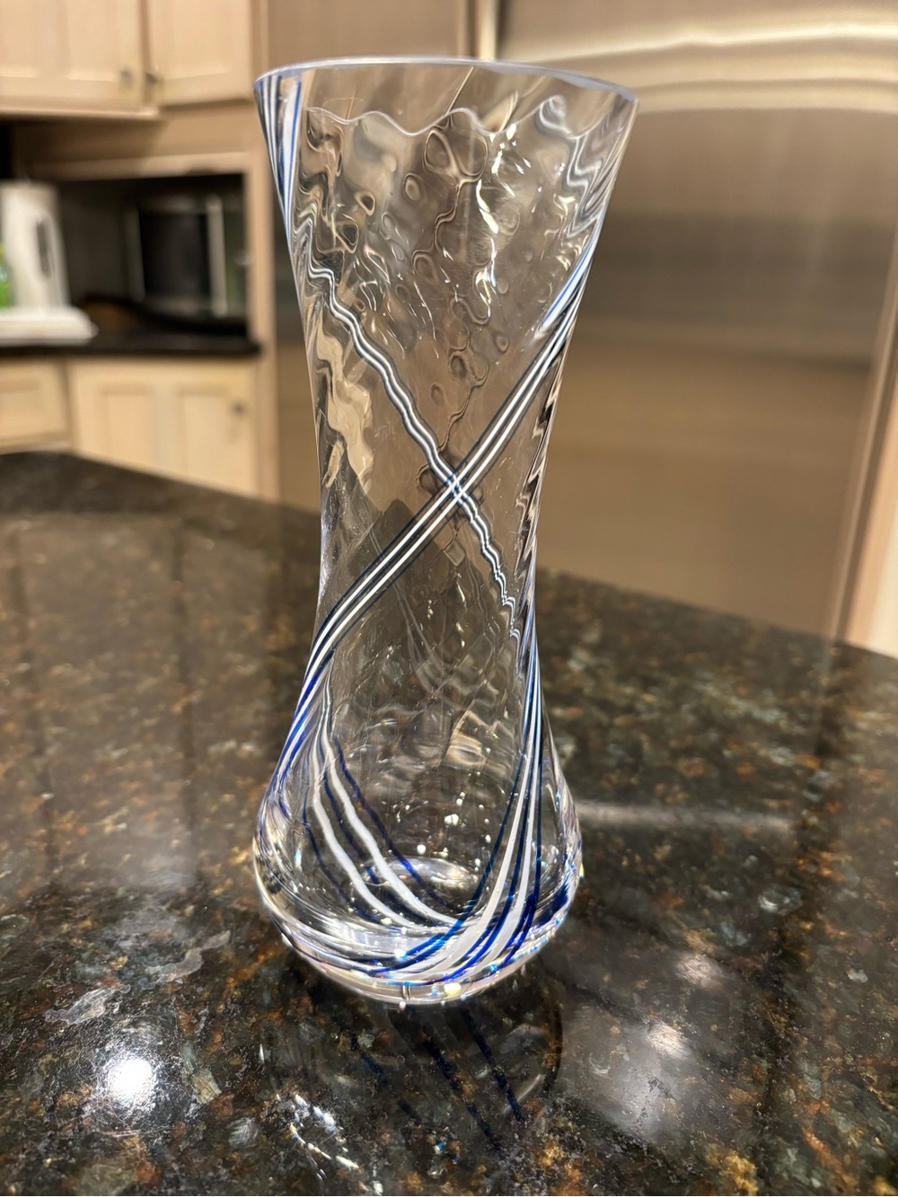 Hand Blown Art Glass Vase. Clear With Navy Blue And White Swirl Lines. 7.25” H.
